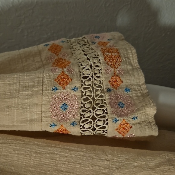 Cream Embroidered Raw Hem Boho Cotton Swing Festival Tunic - Picture 4 of 8